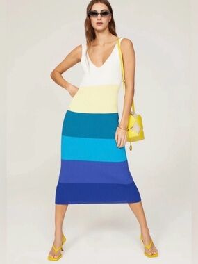 Staud Dana Pacific Stripe Midi Dress Women Size Large Ribbed Knit Blue White